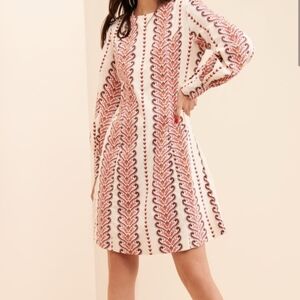 Antik Batik Cream and Red Long Sleeve Dress. Unique French Designer.